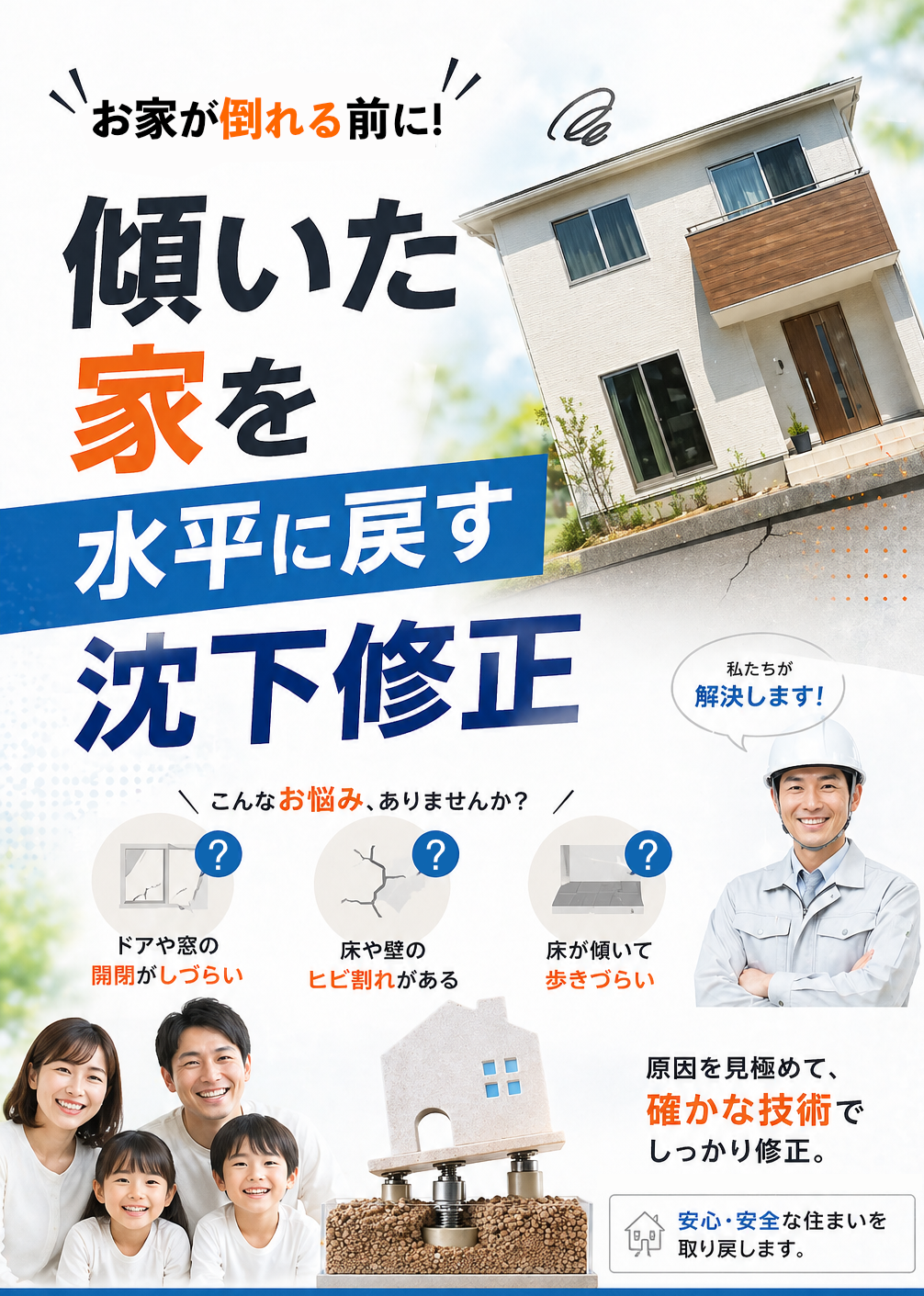 地盤の沈下修正・修理！傾きや地盤調査もお任せ下さい。